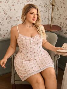 CottageSlumber Plus Size Romantic Floral Lace Trim Spaghetti Strap Nightgown, Elegant French Style - Multicolor - View 1