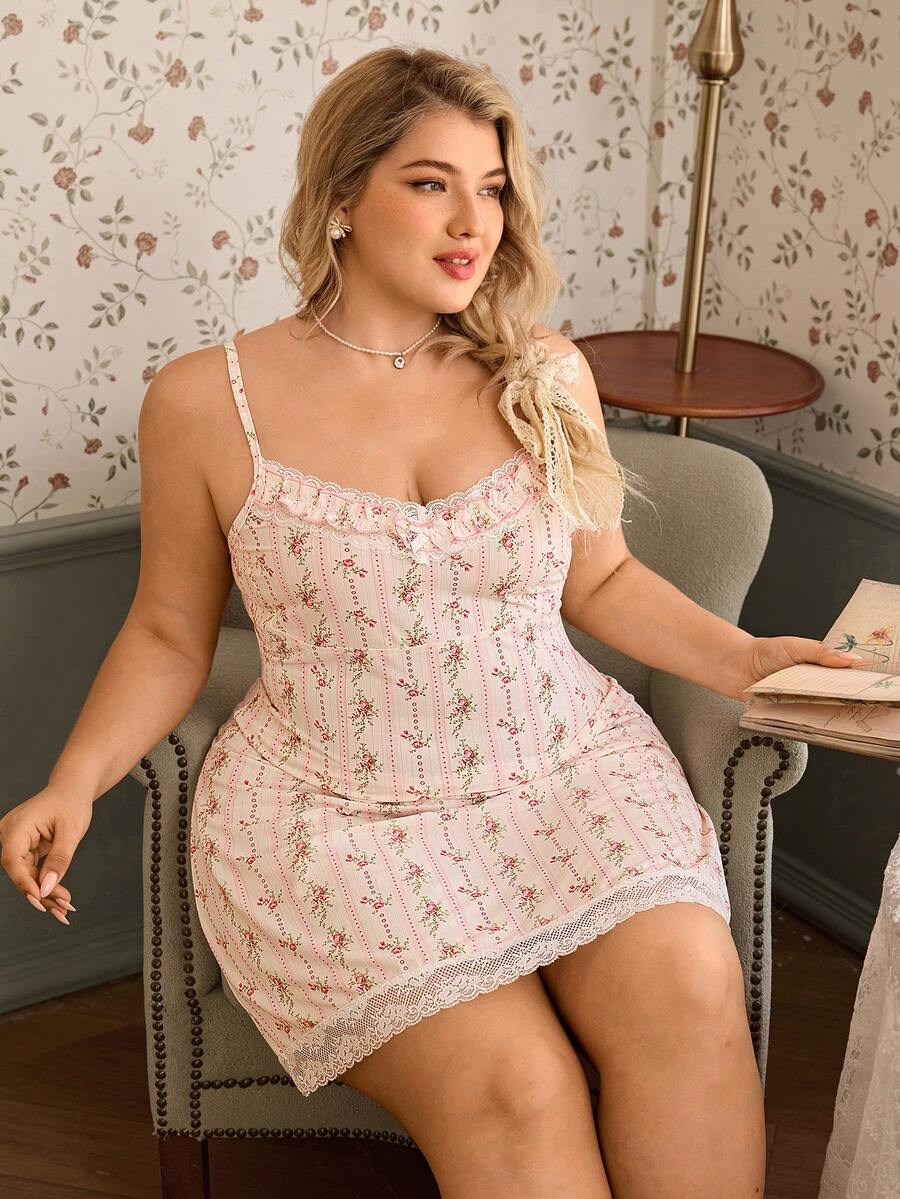 CottageSlumber Plus Size Romantic Floral Lace Trim Spaghetti Strap Nightgown, Elegant French Style - Multicolor - View 1