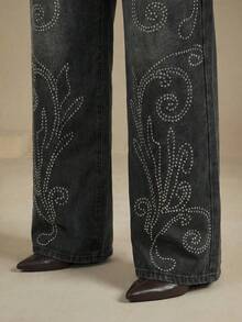 Slaydiva 夏季大码女装派对休闲夏季度假装扮，时尚休闲水钻水洗斜插口袋黑色牛仔裤 - 黑色 - 查看 1