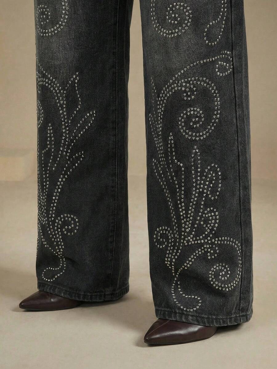 Slaydiva 夏季大码女装派对休闲夏季度假装扮，时尚休闲水钻水洗斜插口袋黑色牛仔裤 - 黑色 - 查看 1