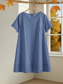 Rusticease Plus Size Solid Color Short Sleeve Casual Vacation Dress,Summer Outfits For Women/Summer,Tropical Woman Clothes - Blue - View 2