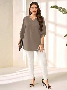 Miaspire Plus Size Women's Grey Autumn Smart Casual Everyday Loose Blouse,Solid Notched V Neck Roll Tab Sleeve Top For Summer Vacation Commute - Khaki - View 6
