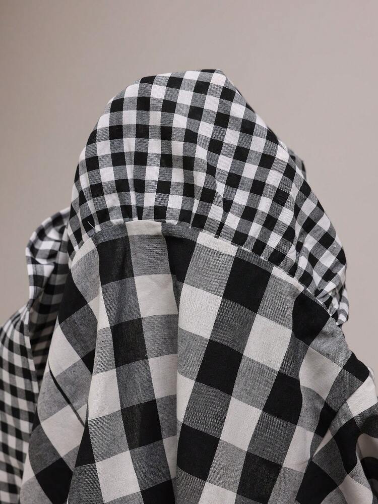 Plus Size Women's Summer Casual Vacation Country Black Andwhite Plaid Notched Neck Short Sleeve Loose Dress\Vacation,Summer Holiday,Spring Break Outfits ,Vacation Outfits Women ,Holiday Outfits For Women,Going Out Outfits,2026 New Clothes,Simple And Fashionable For Everyday Wear,Suitable For Summer, Vacation,Daily Wear,Casual Dresses For Women,Flowy Dress , Plaid Dress Women, Picnic Dress For Woman,Beach Outfits For Women