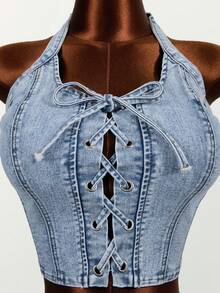 Mistrie 女士破洞系带露脐吊带牛仔上衣 - 藍色 - 查看 4
