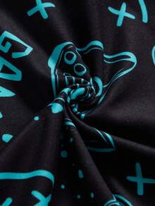 男童睡衣套装 - 两件套，黑色/蓝绿色游戏印花，圆领长袖上衣和长裤，舒适居家休闲睡衣，四季皆宜，2026年假日必备礼物，休闲俏皮现代街头风