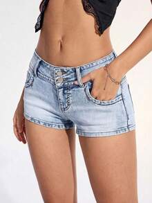 Jeanoix Women's Casual Everyday Pocketed Button Fly Low Waist Denim Shorts - Blue - View 5