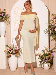 Loomaby Elegant Off Shoulder Ruffle Maternity Dress For Party Dress Gender Reveal Dress Maternity Dress Baby Shower Dress - Yellow - View 5