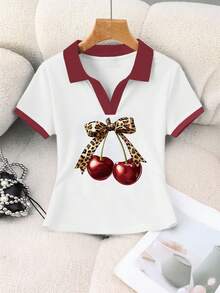 Resyla 女士休闲樱桃印花撞色滚边 Polo 领短袖上衣，夏季 - 白色 - 查看 4