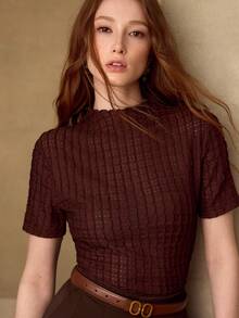 MOTF PREMIUM WOMEN'S ROMANTIC TEXTURED SHORT SLEEVE T-SHIRT, SPRING/SUMMER - Coffee Brown - View 1