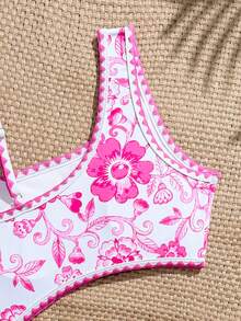 SHEIN 少女碎花镂空连体泳衣，沙滩/度假款 - 玫紅色 - 查看 3