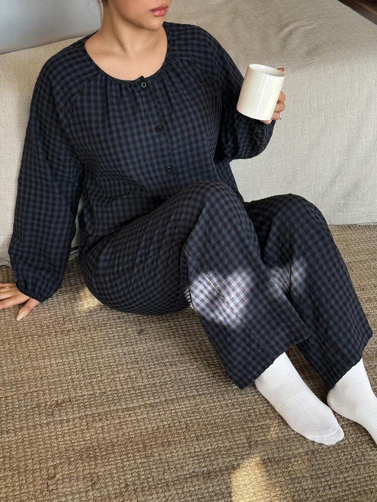 Dazy Plus Plus Size Women Plaid Casual Loose Fit Round Neck Cardigan Long Sleeve Top And Straight Leg Pants Pajama Set, Spring/Autumn