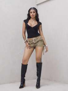 女士时尚交叉侧腰带短裤，夏季 - 軍綠色 - 查看 1