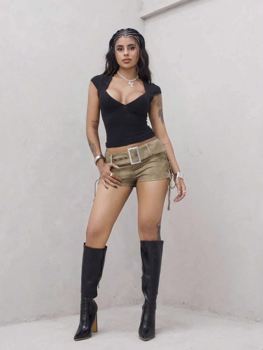 女士时尚交叉侧腰带短裤，夏季 - 軍綠色 - 查看 1