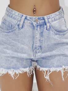 女士宽松休闲破洞边缘口袋牛仔短裤 - 藍色 - 查看 3