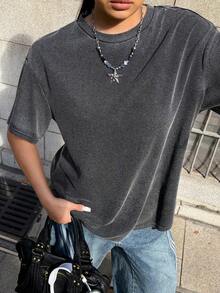 Muchica 大码宽松圆领舒适T恤，适合户外、通勤、约会和日常穿着，春夏款 - 灰色 - 查看 2