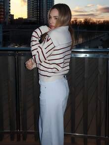 Katetique 休闲条纹长袖半拉链套头衫秋季 - 酒紅色 - 查看 5