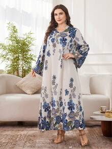 Al Najma 大码女式印花宽松长袖优雅浪漫阿拉伯风格长裙 - 彩色 - 查看 5