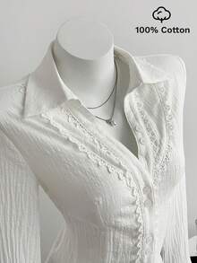 Elamini Women's Lace Patchwork V-Neck Elegant Commuter Flared Long Sleeve Cotton Shirt - White - View 1