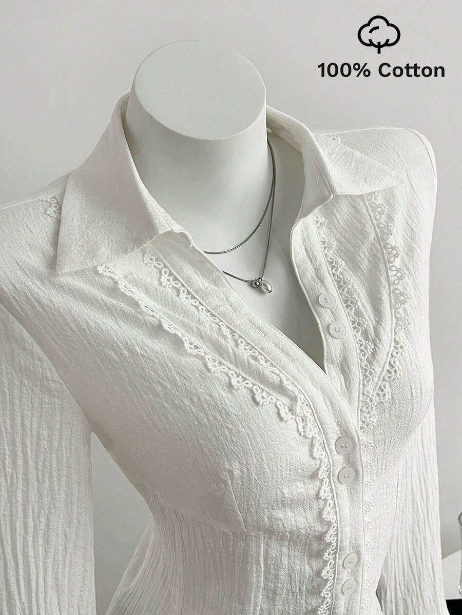 Elamini Women's Lace Patchwork V-Neck Elegant Commuter Flared Long Sleeve Cotton Shirt - White - View 1
