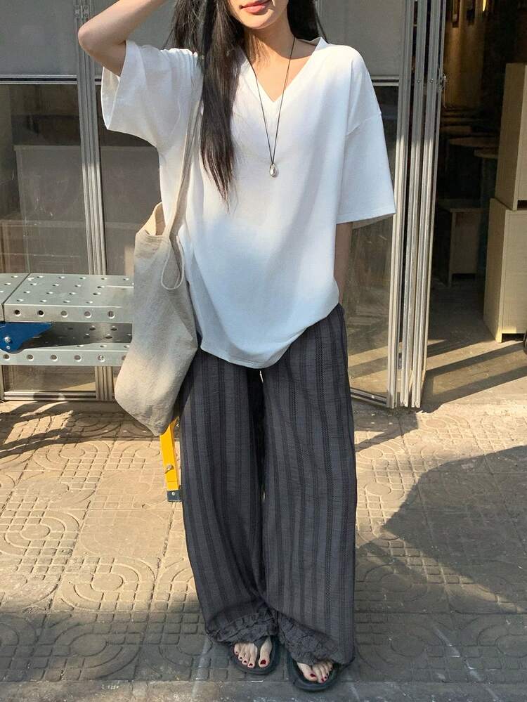 2pcs Women V-Neck Short Sleeve Top And Striped Wide Leg Pants Casual Outfit, Suitable For Daily Commute Summer