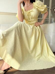 Feyla 女士提花荷叶边打结设计优雅收腰中长派对连衣裙，配泡泡袖 - 淡黃色 - 查看 2