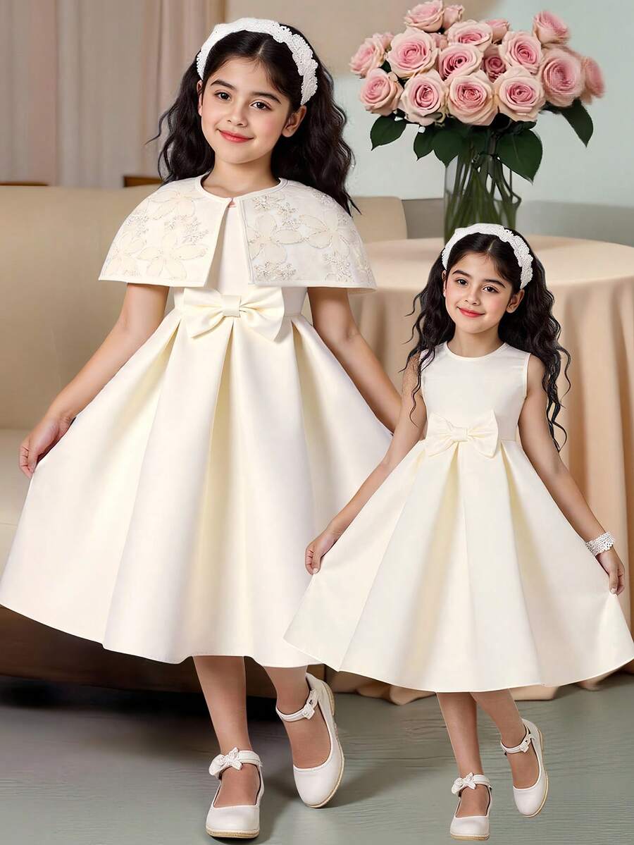 SHEIN Summer 7th Birthday Ivory Princess Two Pieces Solid Satin Dress With Bow,High-End Embellished Jacquard Formal Party Dresses For Girls And Children - Multicolor - View 1