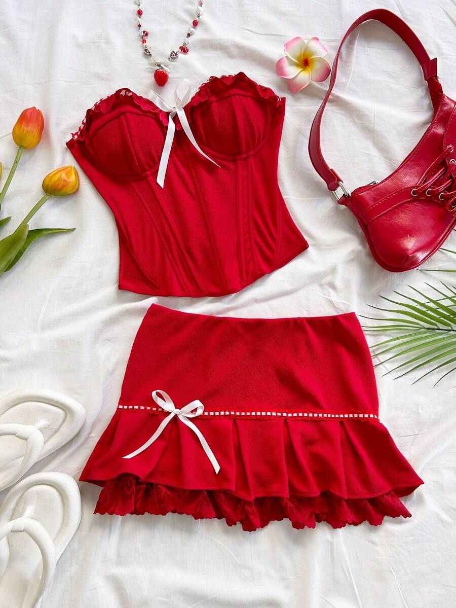 Soleia Spring/Summer New Casual Vacation Western Beach Wedding Guest Attire Graduation Brunch Women's Clothing St. Patrick's Day Spring Break Easter Music Festival Elegant Boho Tropical Romantic Valentine's Day Party Lace Ruffle Bow Mini Skirt - Red - View 1