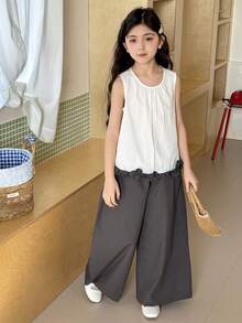 DAZY 2pcs Tween Girls Crew Neck Sleeveless Shirt And Wide Leg Pants Set, Fall Outfit - White - View 4