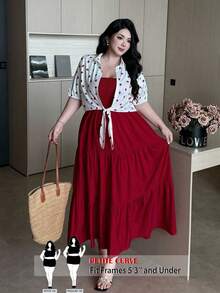 SHEIN PETITE CURVE Vestido maxi casual de talla grande con tirantes + Camisa de 2 piezas con estampado de fresa y nudo delantero, talla pequeña - Multicolor - Ver 1