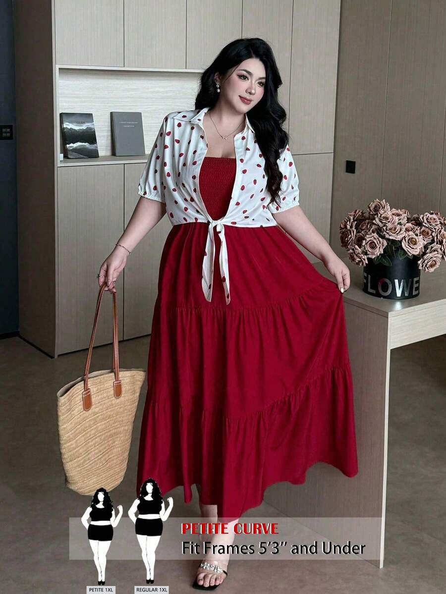 SHEIN PETITE CURVE Vestido maxi casual de talla grande con tirantes + Camisa de 2 piezas con estampado de fresa y nudo delantero, talla pequeña - Multicolor - Ver 1