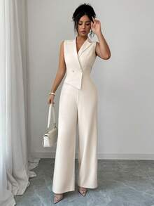 Elenzga New Women's Notched Collar Sleeveless Cinched Waist Double-Breasted Jumpsuit, Versatile For Daily Wear And Commute, Young And Elegant, Slimming, Straight Leg - Apricot - View 3