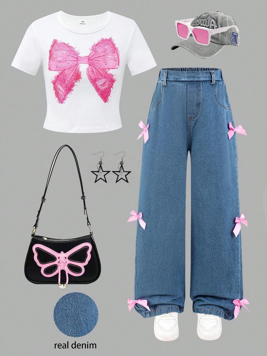 SHEIN ChillGRL 两件套女童休闲套装 - 蝴蝶结装饰T恤和牛仔裤 - 彩色 - 查看 1
