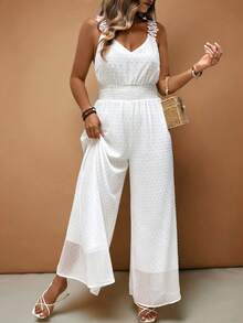 EMERY ROSE Plus Size Elegant French Style Jacquard Floral Trim Waist Straight Leg Jumpsuit, Suitable For Commute, Casual, Vacation, Spring/Summer Elegant Jumpsuits For Woman Wedding Women's Holiday Co Ord Bridal Jumpsuit White Jumpsuit Sleeveless Jumpsuit Womans Jumpsuit - White - View 7