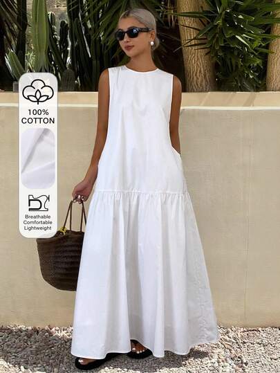 Livesso Women's Casual Solid Color Sleeveless Long Dress, Summer