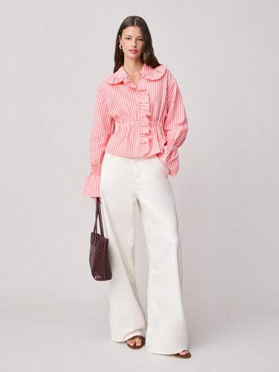 Nöista Elegant, Sweet, And Girlish Blouse With And Vertical Stripes, A Lace-Trimmed Round Neck, Layered Ruffles, Lantern Sleeves, A High-Waisted Pleated Design, And A Straight, Relaxed Cut. Perfect For Spring And Summer, For Festive Resort And Spring, Spring Summer Looks.