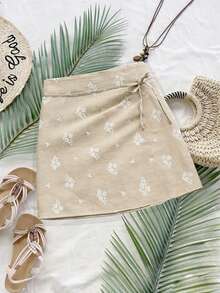 INAWLY 女士系带时尚简约百搭夏季半身裙 - 卡其色 - 查看 3