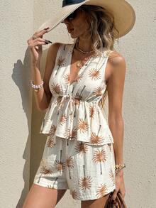 SHEIN Frenchy Bộ đồ nữ mùa hè thoải mái đi biển in hình cây dừa, cổ chữ V sâu, eo thắt dây, áo peplum và quần short. - Nhiều màu - Xem 8