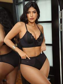 SHEIN 2pcs/Set Lace Contrast Mesh Women's Underwire Bra Set - Black - View 1