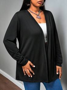 Truni Plus Solid Open Front Coat,Fall Women Clothes Winter Autumn - Black - View 3