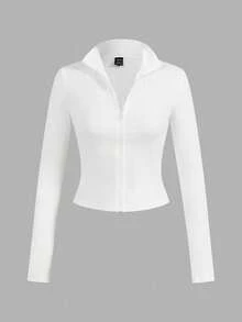 SHEIN EZwear 大码立领长袖修身拉链休闲T恤 - 黑與白 - 查看 7