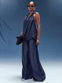 Normani 两件套：翻领深V领露背上衣和阔腿裤 - 藍色 - 查看 5