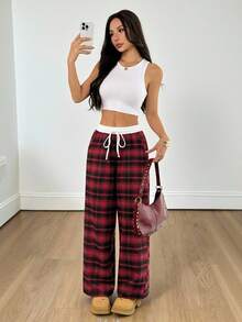 SHEIN PETITE 女款秋季休閒日常穿著基礎寬鬆格紋拼接寬腿褲，聖誕新年，小個女款 - 紅色 - 查看 4