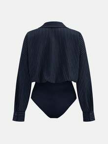 MYSTAURA Plus Size Women Striped Lapel Single-Breasted Casual Bodysuit, Versatile For Commuting And Outings, Long Sleeve - Navy Blue - View 2