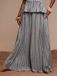 Musera Resort Crinkle Linen Elasticated Waist Wide Leg Trousers Only Cover Up Swim Vacation Holiday Summer Travel Beachwear Bathing Suit Terra Sol - Dusty Blue - View 1