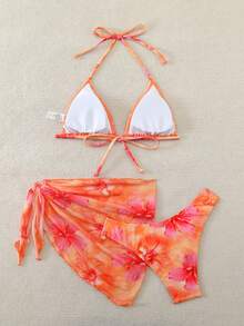 Swim Mod Women's Summer Beach Floral Print Halter Tie Sexy Bikini Set With Matching Mini Skirt - Multicolor - View 2