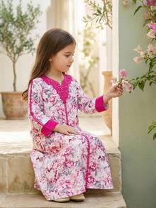 Vestido casual holgado con cuello en V y estampado floral para niña, adecuado para uso diario, vacaciones y festivales tradicionales - Rosa - Ver 1