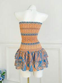 Elamini Paisley Print Strapless Mini Dress, Casual Vacation - Burnt Orange - View 2