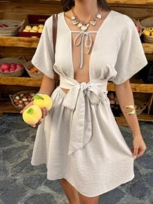 Breezaya Cinched Dress (Cotton-Linen Like) - Bohemian Style For Casual Vacation, Daily Outings, Women's Spring & Summer Dress - Apricot - View 4