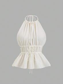 Sweetra Damen Creme Neckholder Peplum Top, strukturierter Stoff mit Muschel- und Pailletten-Besatz, ausgeschnittene Taille, Sommer Lässig Elegant Urlaubs Party Top, Sommer Tops, Party Outfit, Ausgeh Tops, Elegante Damenblusen, Urlaubsoutfits Damen, Lässig Blusen für Damen, Weiße Tops - Weiss - Übersicht 2