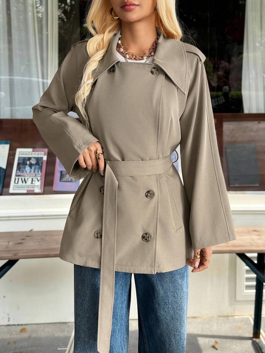 SHEIN EZwear Casual Versatile Commuting Beige Woven Double-Breasted Trench Coat Trending Clothes For Women Women Blazer Jacket